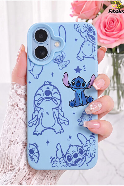Fibaks iPhone 16 Kılıf Stitch Desenli Bebe Mavi Kadifemsi Soft Touch Silikon ...