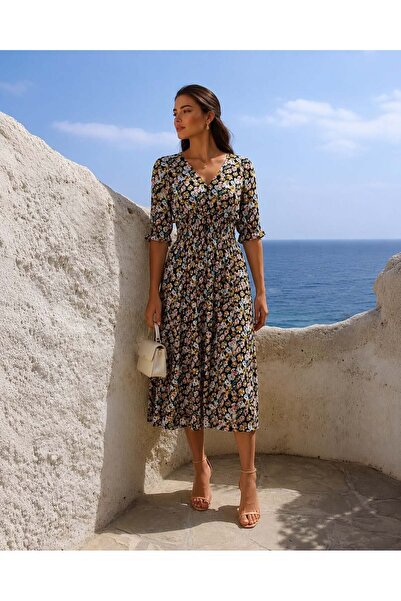 Modafeminen Desen1 V-Neck Waist Gipe Detailed Midi Length Dress 581412