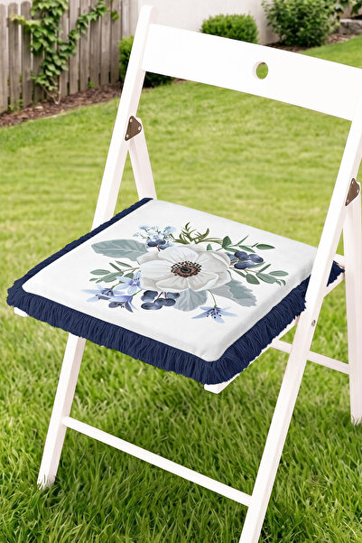 Realhomes White Floral and Blueberry Patterned Fringed Zippered Chair Cushion...