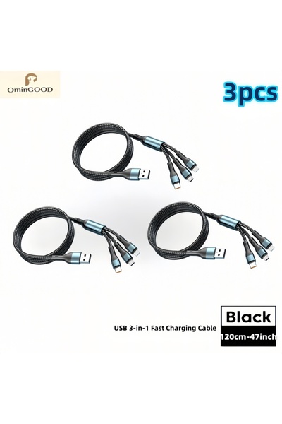 Choice 1.2m 3pcs 120W 6A 3 in 1 Braided Fast Charging Cable USB C Micro USB C...