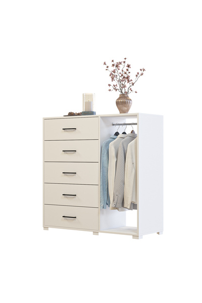 DEKOREX Comodă COMBI SFR104 cu 5 Sertare și Bară pentru Haine, Alb, 120 × 45 ...