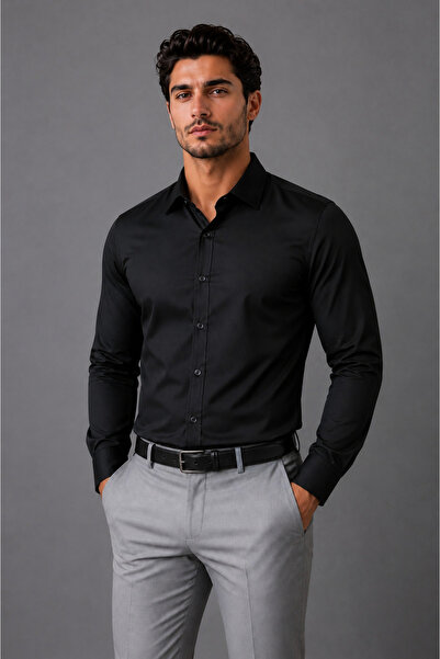 cto your style Slim Fit Esnek ve Nefes Alan Kumaş Günlük Klasik Şık Erkek Siy...