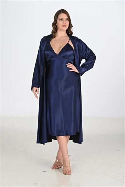SS HOME CONCEPT Premium Plus Size Satin Navy Blue Long 2-Piece Nightgown and ...