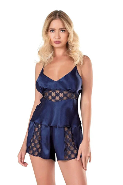 SS HOME CONCEPT Navy Blue Satin Babydoll Shorts Set
