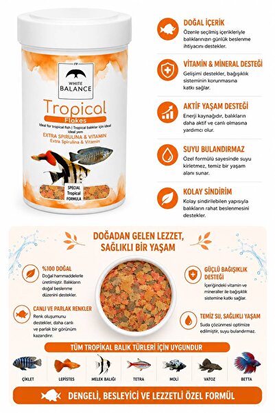 White Balance Tropical Flakes Tropikal Balık Yemi 100 ml Pul Yem Lepistes Tet...