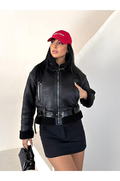 DENİKK Trend Laminated Sleeves and Plush Belt Inside Crop Jacket Coat