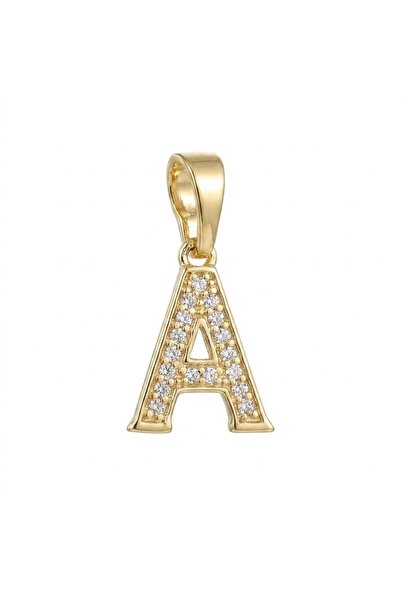 Zeino A Harfi Zirkon Taşlı Minimal Kolye Ucu - 14k Altın Kaplama - 9 x 18 mm