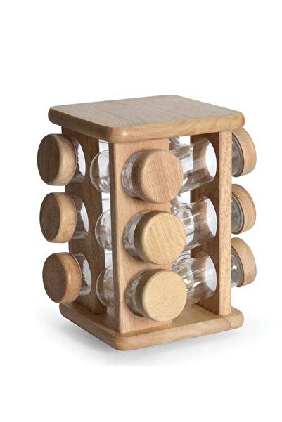 Quality Wood طقم توابل دوار من 12 قطعة مصنوع من خشب المطاط والزجاج مع أغطية م...
