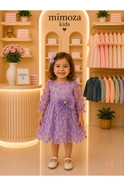 Mimoza Kids Kız Bebek Lila 3D Çiçek İşlemeli Büyük Fiyonk Detaylı Tül Abiye E...