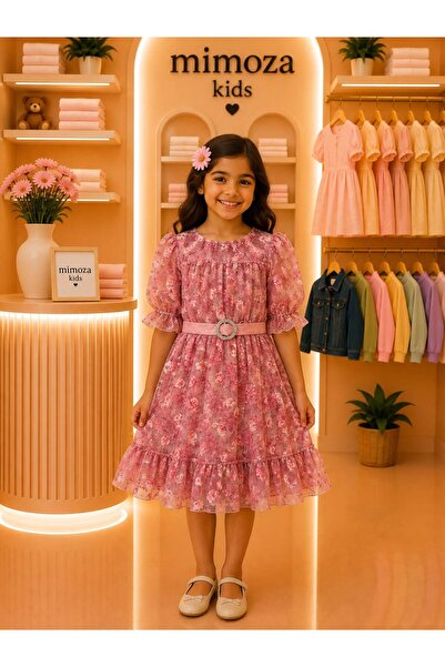 Mimoza Kids Kız Çocuk Pembe Çiçek Desenli Kemerli Fırfır Detaylı Şifon Elbise...