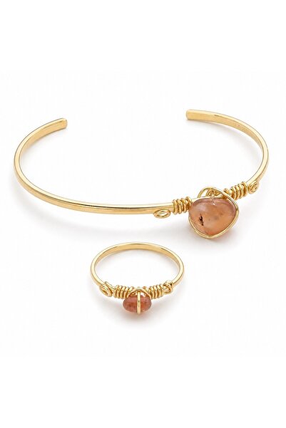 Ceyyiz Natural Pink Quartz Stone Women's Bracelet and Ring Set – 2-Piece Jewe...