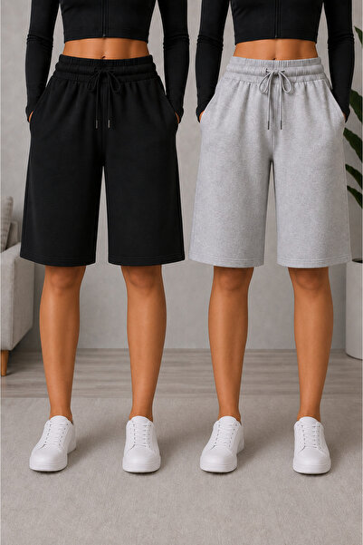 BERYY MODA Pachet de două pantaloni scurți negri și gri pentru femei, pantalo...