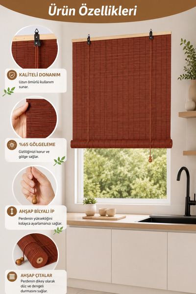 TEKZEN Ahşap Doğal Bambu Katlamalı Stor Perde Güneş Kırıcı Dekoratif Bahçe Balkon Ev Pencere Güneşlik