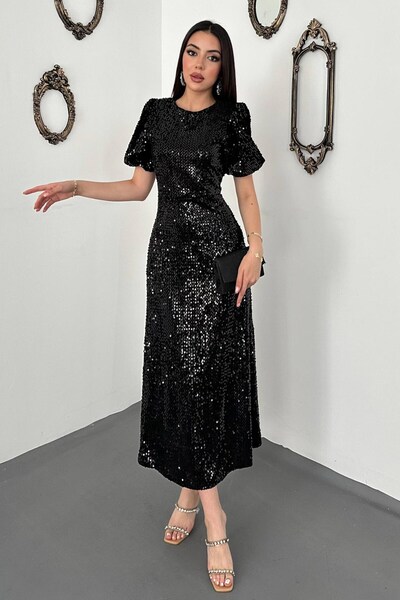 Clothes Fast Women's Black Sequined Midi Dress Round Neck Balloon Sleeves A-L...