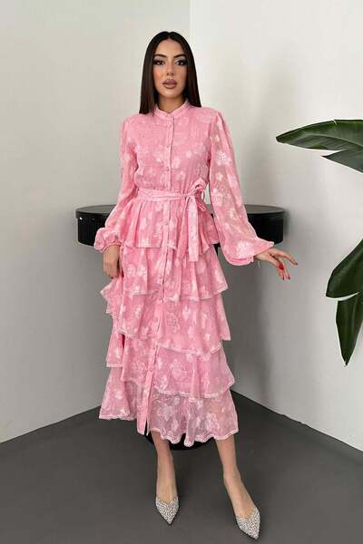 Moda Days Women's Pink Dress Layered Flounce Floral Patterned Belted Buttoned...