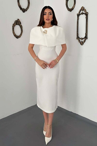 Moda Days Women's White Midi Pencil Dress with Cape, Single Buckle Lined Even...