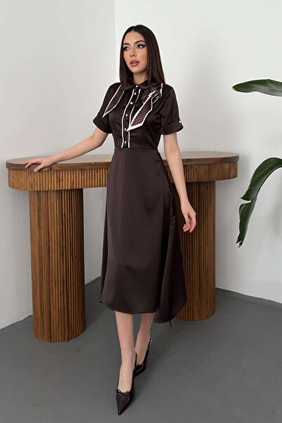 Moda Days Women's Brown Scarf Collar Satin Midi Dress with Asymmetrical Hem