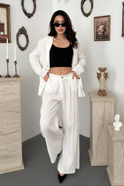 Moda Days طقم سترة وبنطلون أبيض للنساء، مقاس كبير، بأزرار واسعة الساق