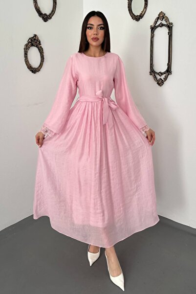 Moda Days فستان نسائي طويل الأكمام باللون الوردي مع أربطة دانتيل وحزام على شك...