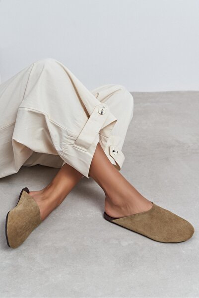 NİŞANTAŞI SHOES Liam Rome Beige Suede Leather Flat Sole Closed Women's Slippers