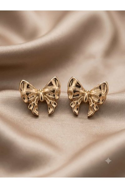 Çelik Nostalgic Bowknot Forged Textured Gold Earrings