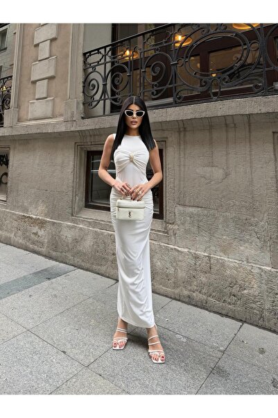 Clothes Fast Women's White Maxi Dress with Crew Neck, Sleeveless, Drawstring ...