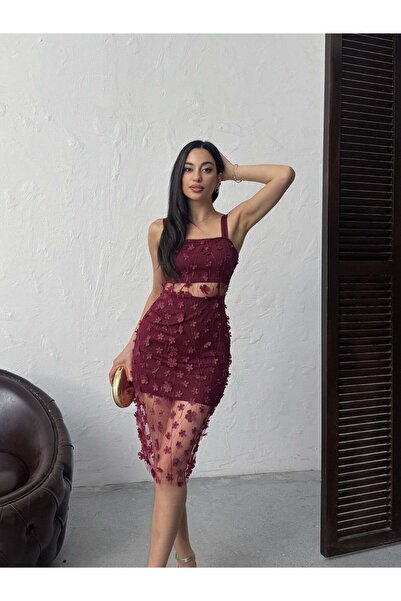 Moda Days Women's Burgundy - Bordo Floral Appliqué Detailed Thin Strap Low Wa...