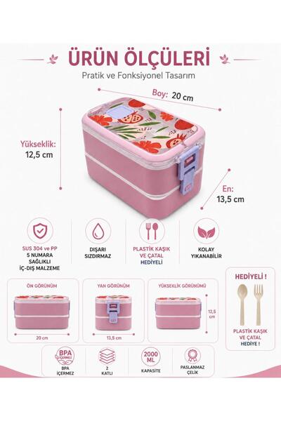 Vagonlife VGN-6748 Pembe 700 ml 2 Katlı Paslanmaz Çelik Lunch Box Beslenme Kabı