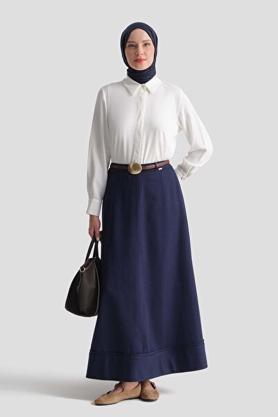 Armine Flared Skirt with Stitching Detail in Navy Blue