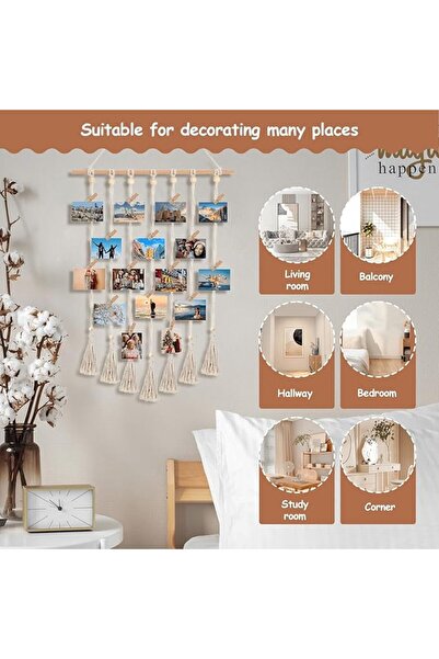 KASTWAVE Hanging Photo Display, Macrame Wall Hanging with 30 Clips for Displa...