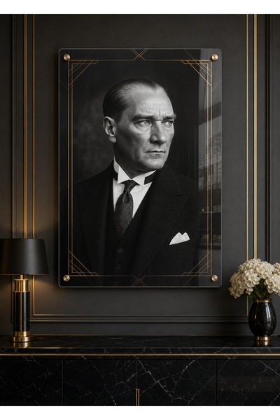 Mustafa Kemal Atatürk Portresi Gold Çizgili Çerçeve Detaylı Siyah Beyaz Pleksi Tablo