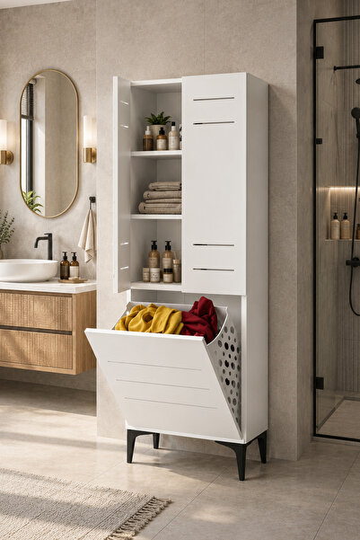Avmpark Miero Düşer Kapaklı Kirli Sepetli Banyo Dolabı Çok Amaçlı Raflı Çamaş...