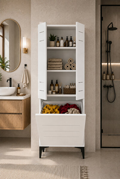 Avmpark Miero Düşer Kapaklı Kirli Sepetli Banyo Dolabı Çok Amaçlı Raflı Çamaşır Dolabı 180x60x42 cm