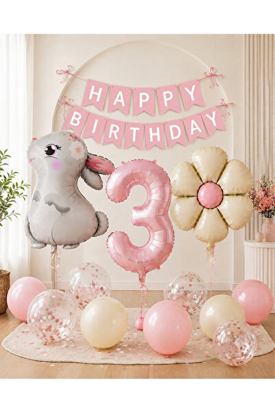 ALYA PARTİ Tavşan Temalı 3 Yaş Doğum Günü Süsleri Seti Pembe Happy Birthday B...