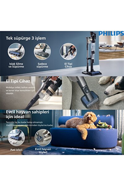 Philips 9000 Serisi AquaTrio Kablosuz Dikey Süpürge, Otomatik Temizleme ve Şa...