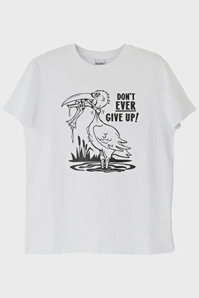 lofux Don'T Ever Give up Printed Motivational White T-Shirt