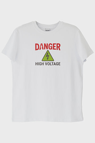 lofux Danger Themed High Voltage Design White T-Shirt