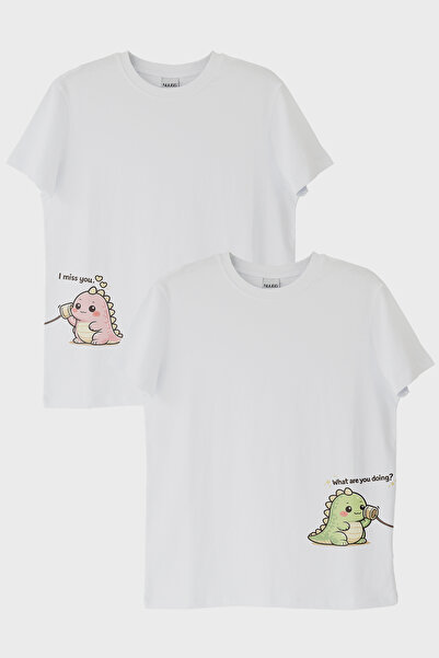 lofux Sweet Dinosaur Couple White T-Shirts