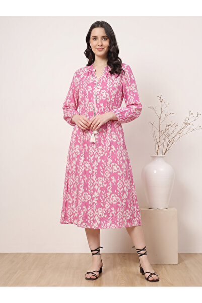 Finelook Women's Floral Print Midi Dress – Long Sleeve Tie Waist Casual Dress