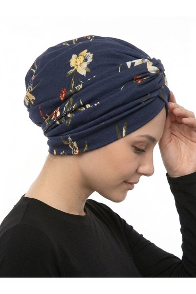elysianfidan Wildflower Patterned Ready-To-Wear Turban Hijab Pool Cap with Cross and Band Detailing and Lining
