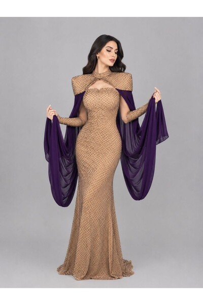 ranin Navy Blue Evening Dress with Chiffon Beading
