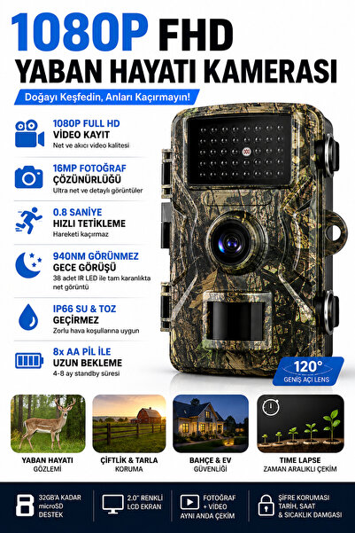 beemen 1080P Full HD Yaban Hayatı Kamerası IP66 Su Geçirmez Fotokapan 16MP Gece Görüşlü Hareket Sensörlü Av Kamera 2.0" LCD 0.8 Sn Tetikleme 32GB TF Kart Destekli
