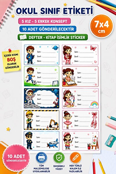Emtory Home 10 Adet Defter Kitap İsimlik Sticker- Kız Erkek Karışık Model - İ...