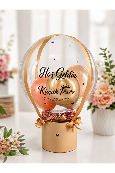 Hoş Geldin Küçük Prens – Kişiye Özel Şeffaf Balon ve Çiçek Kutusu Bebek Hediyesi