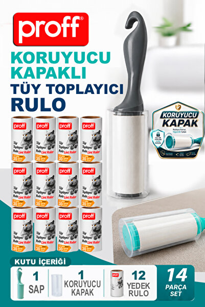 Proff Hijyenik Kapaklı Tüy Toplayıcı Rulo Seti - 12 Yedekli 14 Parça - Kedi K...