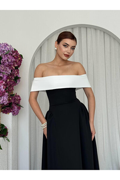 Moda Days فستان أسود نسائي بدون حمالات وياقة مزينة بتفاصيل متباينة وخصر مرتفع...