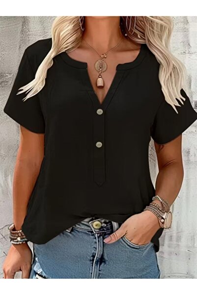 modaserdem Women's short sleeve v-neck button-down blouse