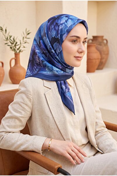 EBRUTESETTÜR سلسلة أوشحة بنمط الزهور الطبيعية باللون الأزرق الداكن