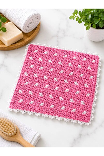 LİLORA Hand Knitted Pink Bath Loofah |   White Sugar Pink Square Fiber |   Ha...
