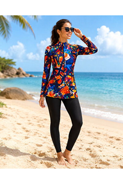 FEATHERLAND Swim suit for ladies- One-Piece Modest Swimsuit with Attached Full-Length Leggings, Colourful Leaf-Print Long-Sleeve Swim Dress and Front Zipper